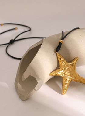 ins18k金不锈钢五角星钛钢耳环超大复古螺纹海星吊坠黑色蜡绳