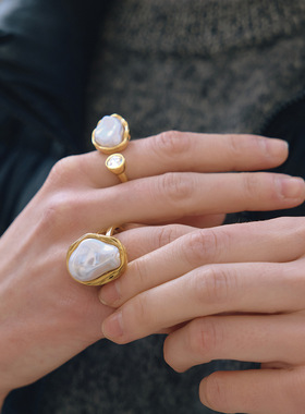 不锈钢树脂珍珠戒指小众感18k金不褪色指环钛钢跨境饰品