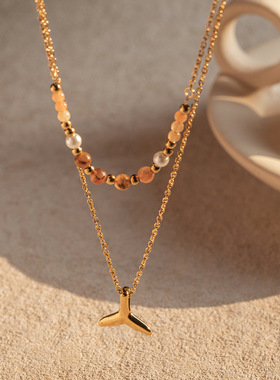 亚马逊潮流18k金不锈钢双层鱼尾吊坠项链不掉色时尚百搭饰品