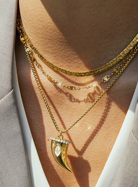 钛钢牛角锆石项链轻奢小众感吊坠锁骨链不锈钢跨境饰品女