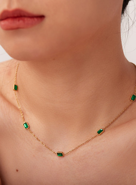 INS风14K金不锈钢多个方形绿色锆石吊坠项链时尚女性百搭服饰