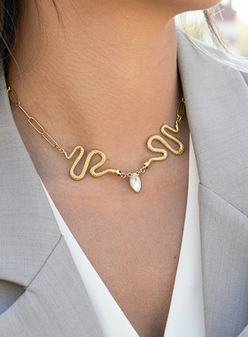 欧美水钻首饰钛钢蛇项链轻奢小众锁骨链不锈钢18k金跨境饰品