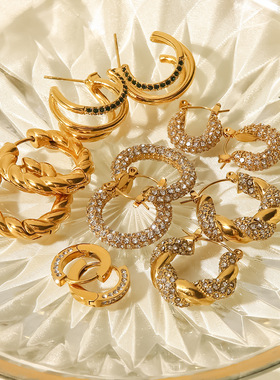 法式ins新款时尚百搭18k镀金不锈钢耳环镶嵌白色方晶锆石圈形耳环