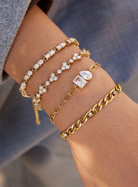 欧美不锈钢锆石网球手链轻奢感不掉色首饰女钛钢跨境饰品