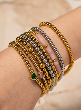 INS风网红新款钛钢手链16k金圆珠绿色爱心锆石手链不掉色饰品