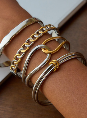 欧美不锈钢拼色手镯轻奢感钛钢手链跨境爆款饰品女不掉色