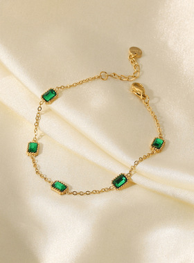 欧美女式新款手链14K金多个方形绿色锆石手链 钛钢时尚手链饰品