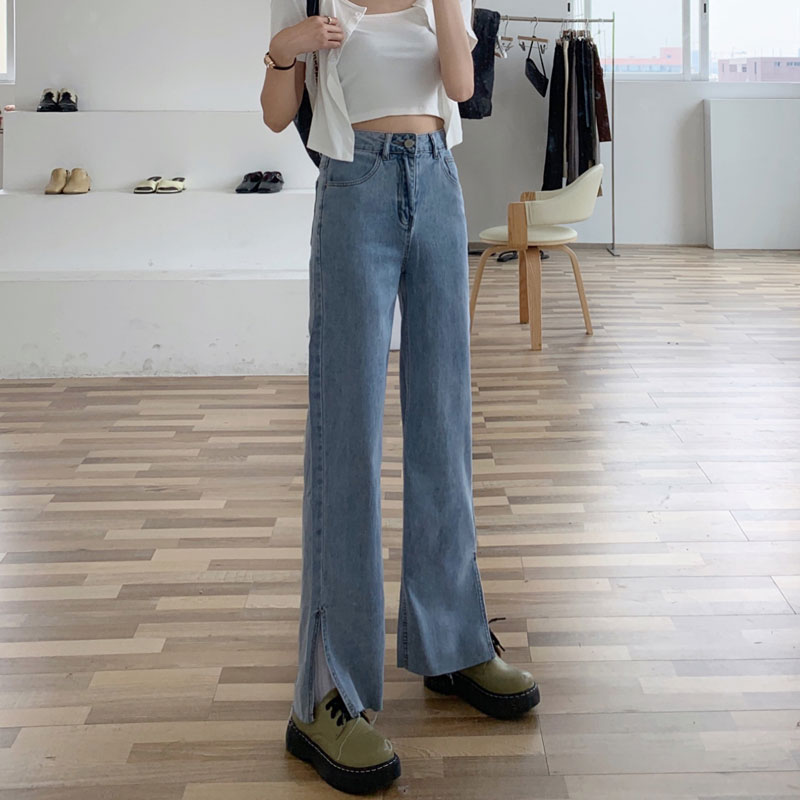 Real price ᦇ split jeans women's 2021 new high waist straight tube loose summer drop feeling wide leg pants