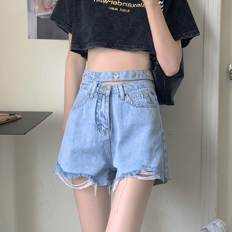 Real price high waist denim shorts women's new loose wide leg A-line light color hot pants