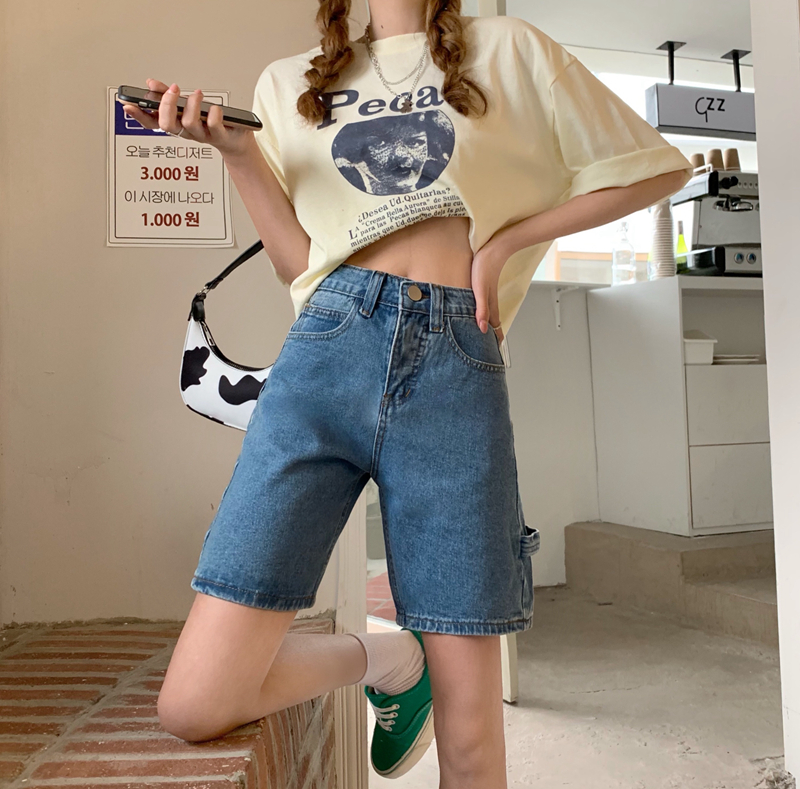 Real price ᦇ 5% denim shorts women's summer high waist loose straight Hong Kong Style A-line pants
