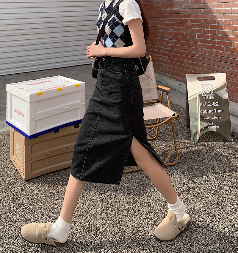Real price ᦇ denim skirt women's new medium length skirt with hip and high waist and A-line split skirt