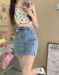 Real price ᦇ split denim skirt women's high waist summer new student's slim A-line hip skirt