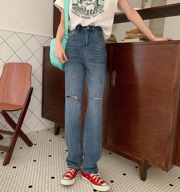 Real shot real price straight tube high waist thin denim holed pants fashion trend retro wide leg pants women