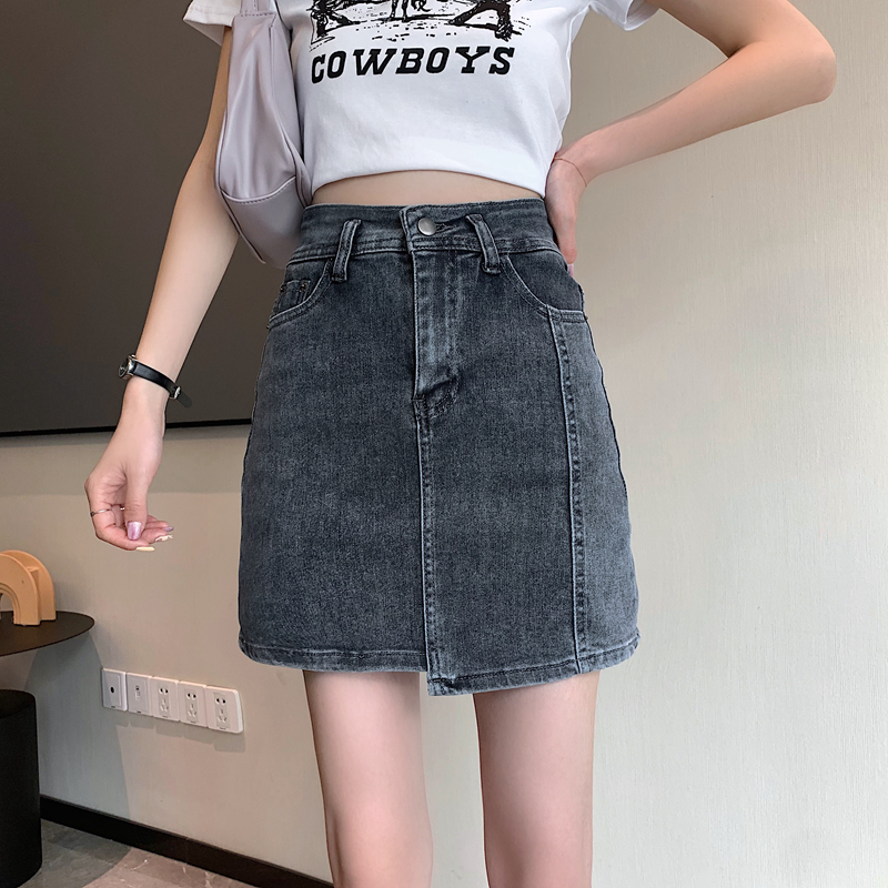 Blue gray denim short skirt skirt women's high waist and thin versatile student hip pants skirt