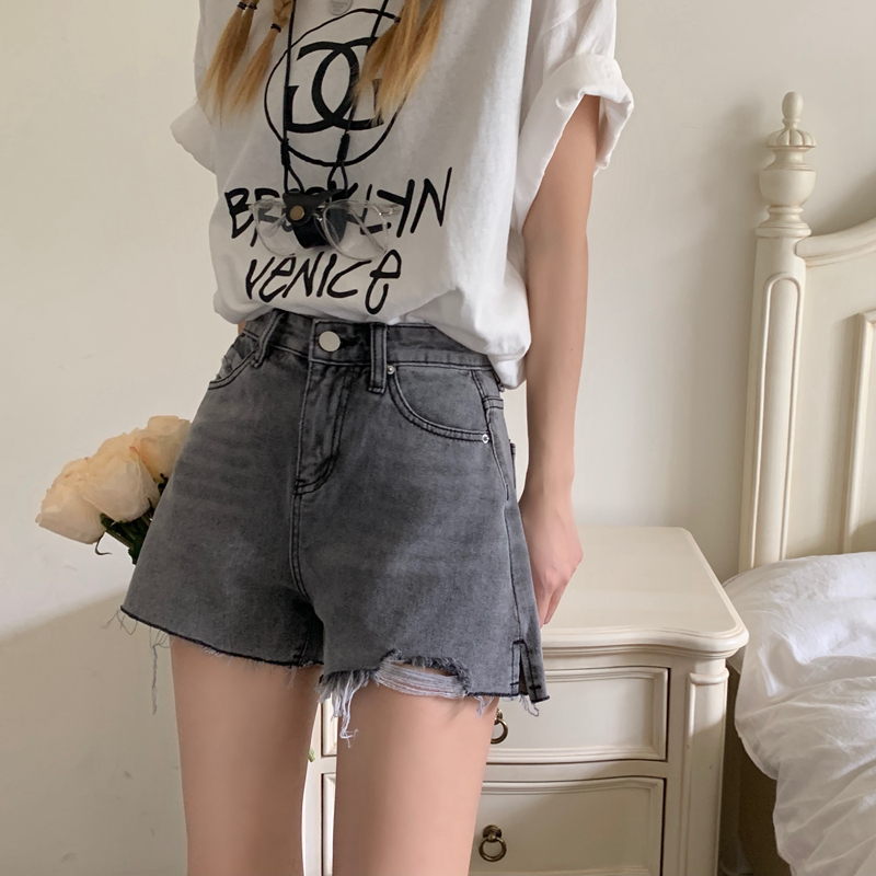 Real price ᦇ denim shorts women's high waisted A-line show thin, frayed, loose, wide leg hot pants