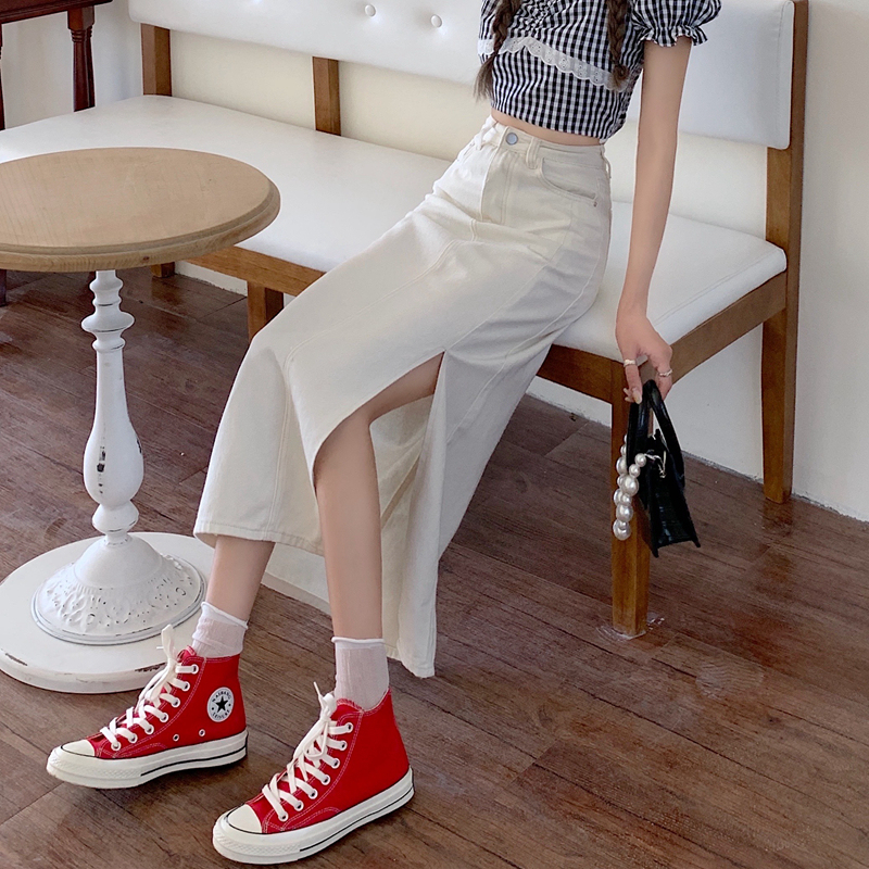 Real price high waist denim skirt women's middle length small side split white A-line skirt fashion