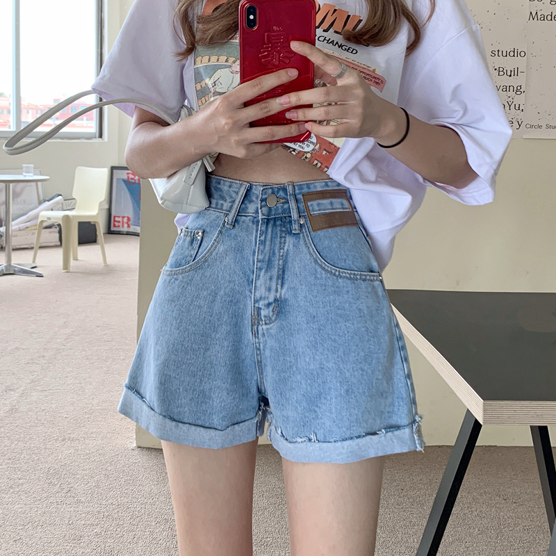 Real price high waist denim shorts women's loose new wide leg slim A-line pants Korean hot pants fashion