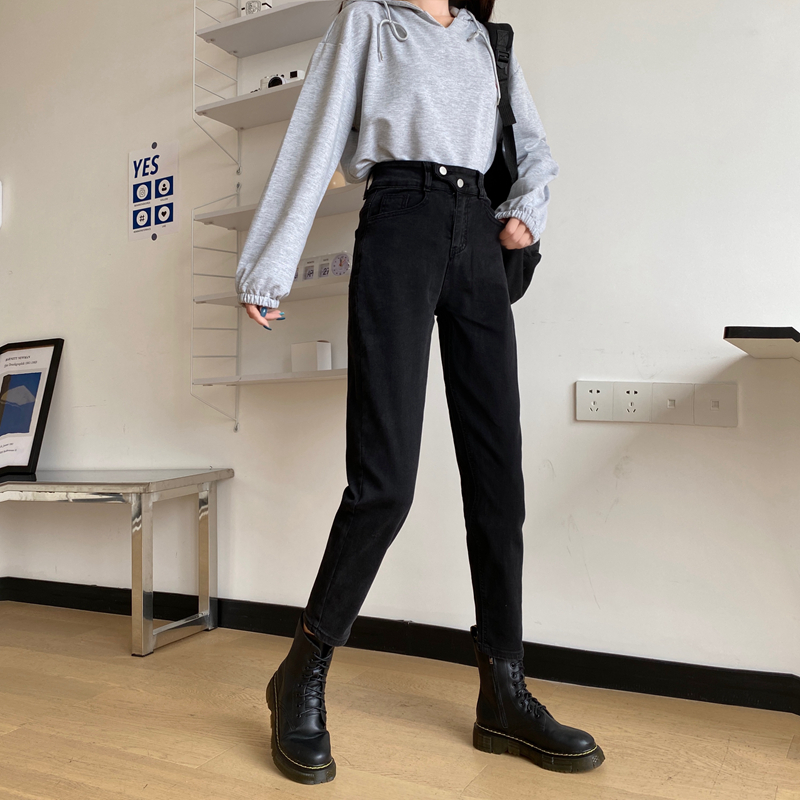 Black jeans women's new straight tube loose high waist super thin dad nine points radish