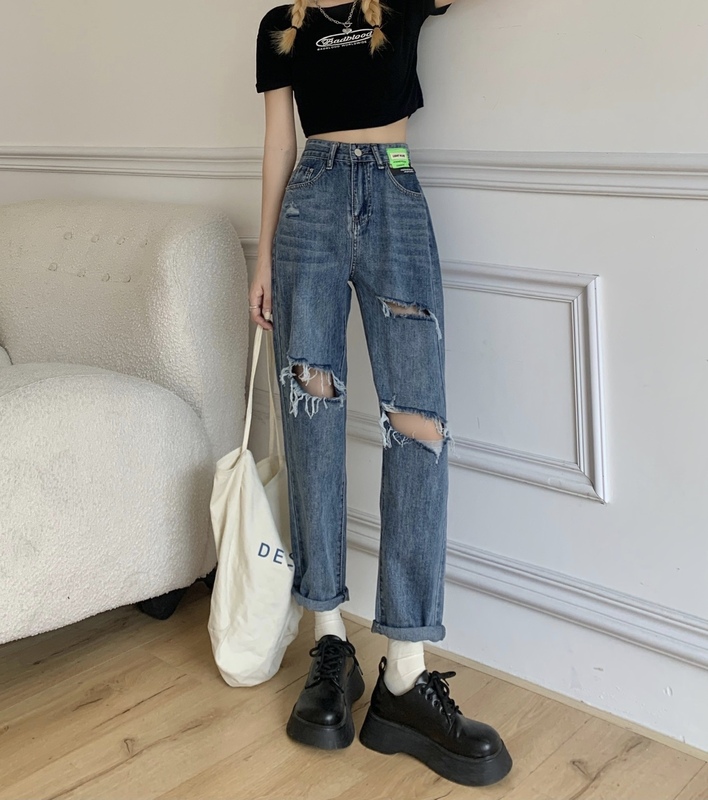 Real price ᦇ straight tube loose high waist blue perforated jeans women's summer new design women's niche