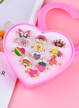 儿童戒指套装女甜美可爱钻石宝石卡通玩具戒指合金活口可调节礼物