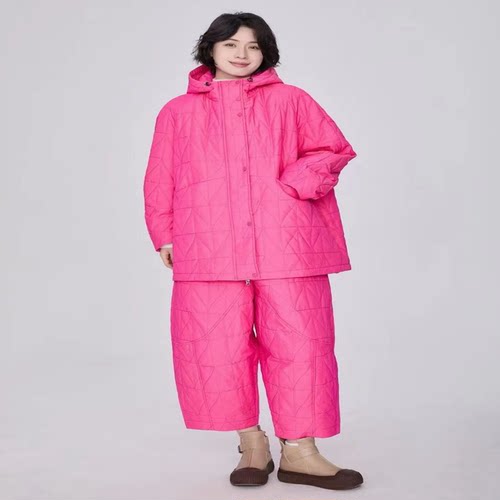 翠色嘉人2026冬季新款时尚休闲切格棉连帽中长款棉服外套女85038