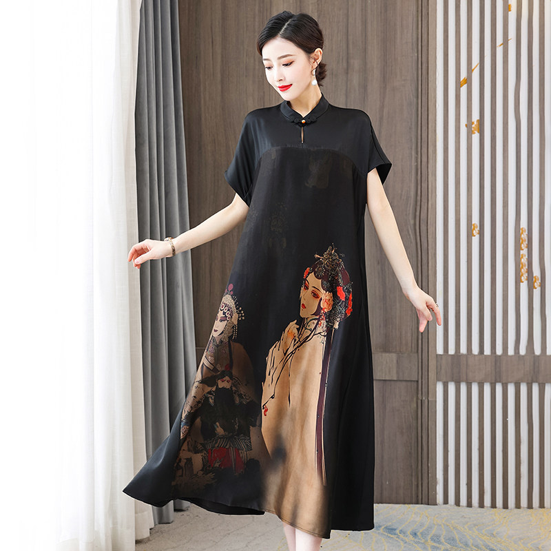 中国风香云纱真丝旗袍连衣裙夏女妈妈高贵时尚年轻款大码遮肚正宗