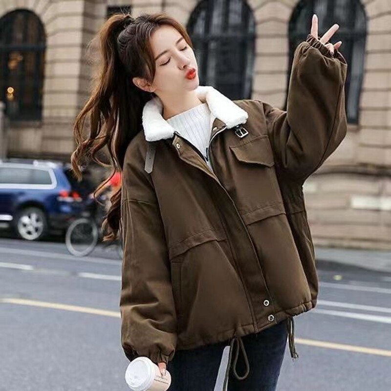羊羔毛外套女2025春秋新款韩版学生加绒加厚工装外套宽松休闲大衣