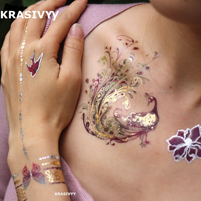纹身贴烫金孔雀天鹅夏季海边一次性防水持久表演身体彩绘水印贴纸