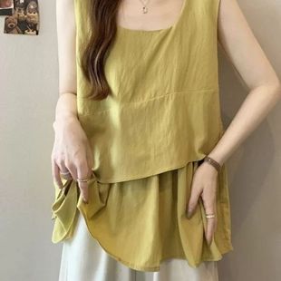 小衫 别致不规则吊带背心外穿女夏季 无袖 大码 上衣 胖mm宽松遮肚时尚