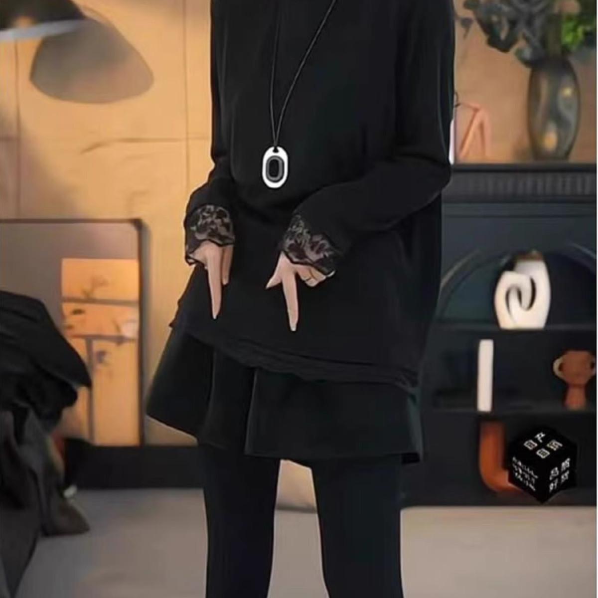 设计感蕾丝拼接高领长袖磨毛T恤女2025秋冬大码宽松百搭打底上衣