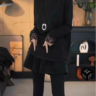 设计感蕾丝拼接高领长袖 宽松百搭打底上衣 磨毛T恤女2025秋冬大码