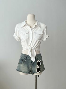 港味轻熟风御姐白色长袖polo领衬衫女纯欲辣妹纽扣开衫系带短上衣