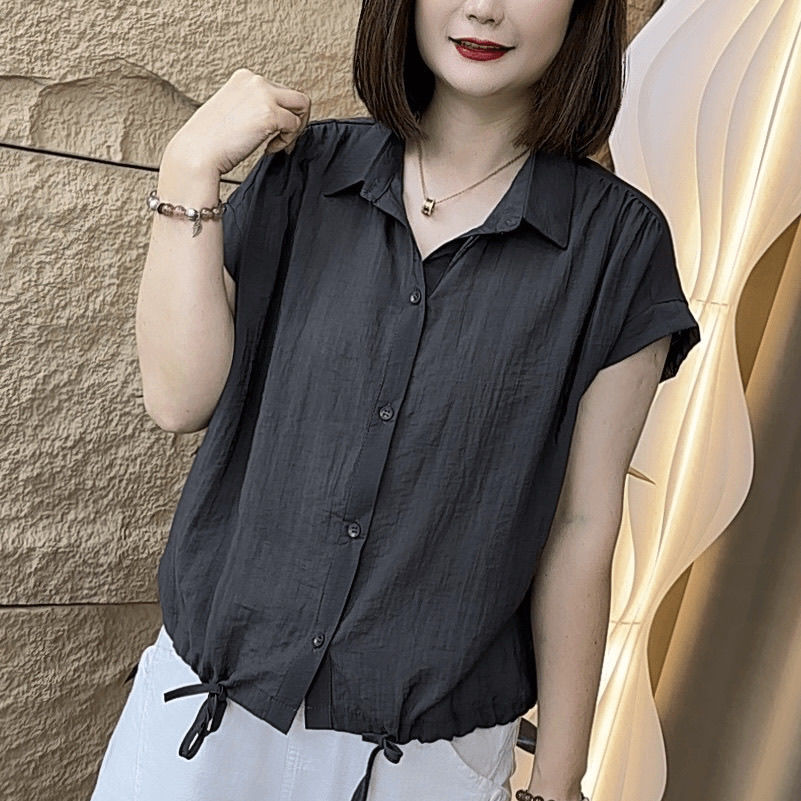 妈妈装夏装时尚纯色单排扣宽松衬衫G洋气休闲开衫大码短袖上衣女