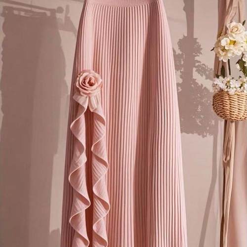 2025秋冬新款高腰显瘦粉色中长半身裙女法式玫瑰花不规则A字裙潮