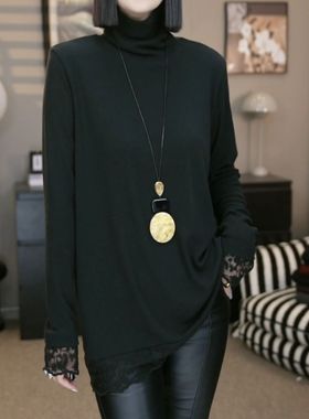 时尚洋气拼接蕾丝高领打底T恤SZ1116休闲百搭套头长袖女士上衣