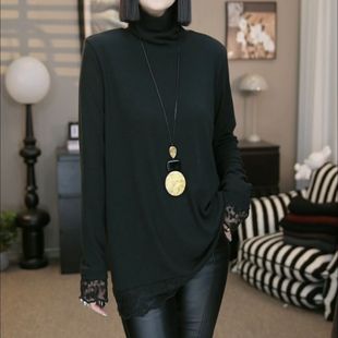 时尚 女士上衣 洋气拼接蕾丝高领打底T恤SZ1116休闲百搭套头长袖