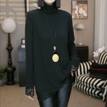 时尚洋气拼接蕾丝高领打底T恤SZ1116休闲百搭套头长袖女士上衣