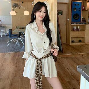 豹纹绑带收腰衬衫裙连衣裙短款女早秋美拉德高级感冷淡系衬衣短裙