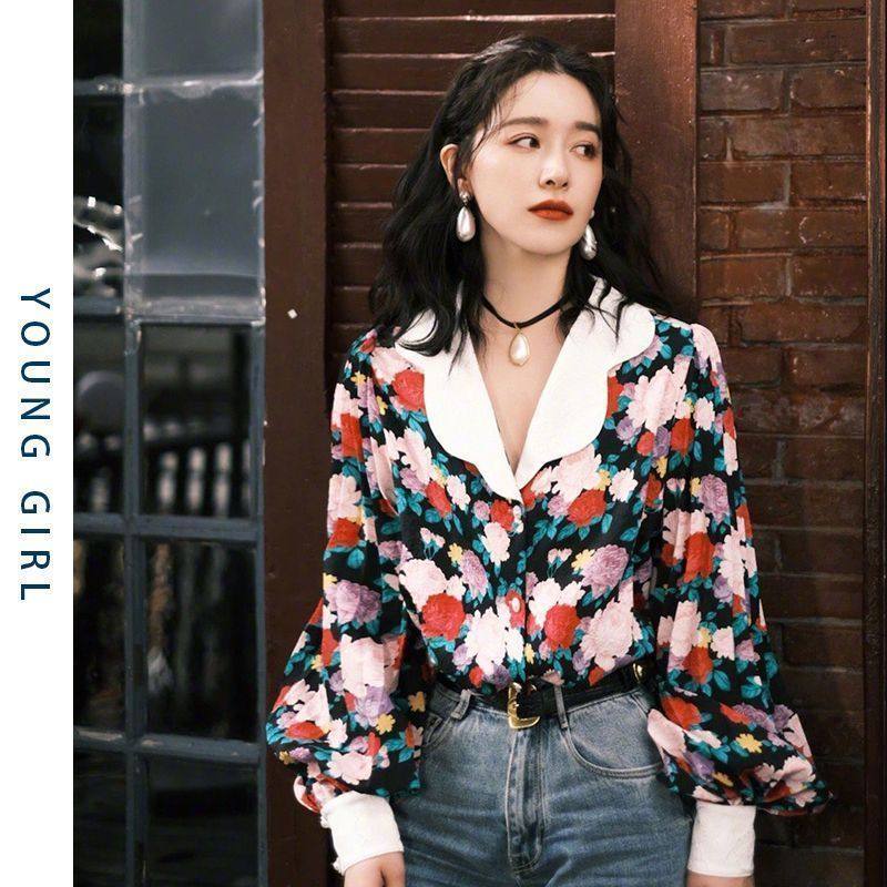 复古港风碎花灯笼袖衬衫女春秋季图片