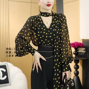 宽松显瘦时尚 女2025早秋新款 上衣 衬衫 轻薄透气V领系带波点灯笼袖