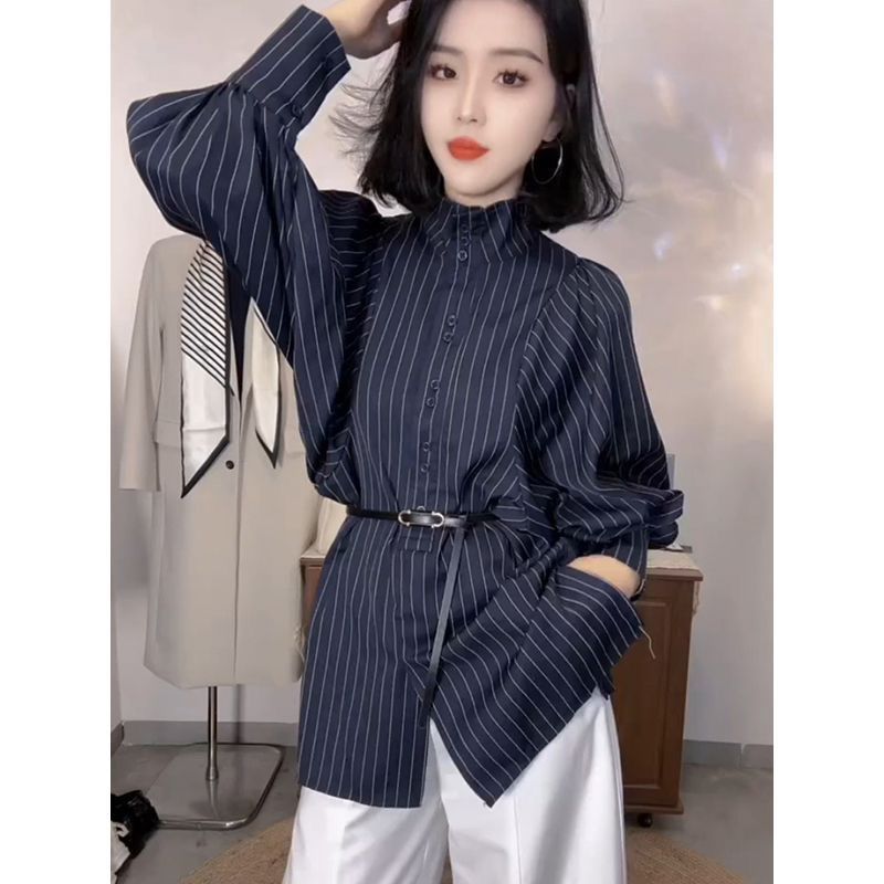 韩系时尚高级感条纹长袖衬衫女2025秋季新款气质立领休闲百搭上衣