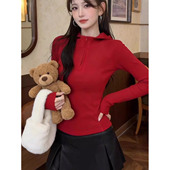 修身 韩系连帽半拉链磨毛长袖 T恤内搭女秋冬新款 显瘦百搭红色上衣