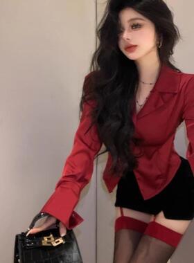 红色西装领长袖衬衫女春季法式收腰修身休闲衬衣独特别致飘带上衣