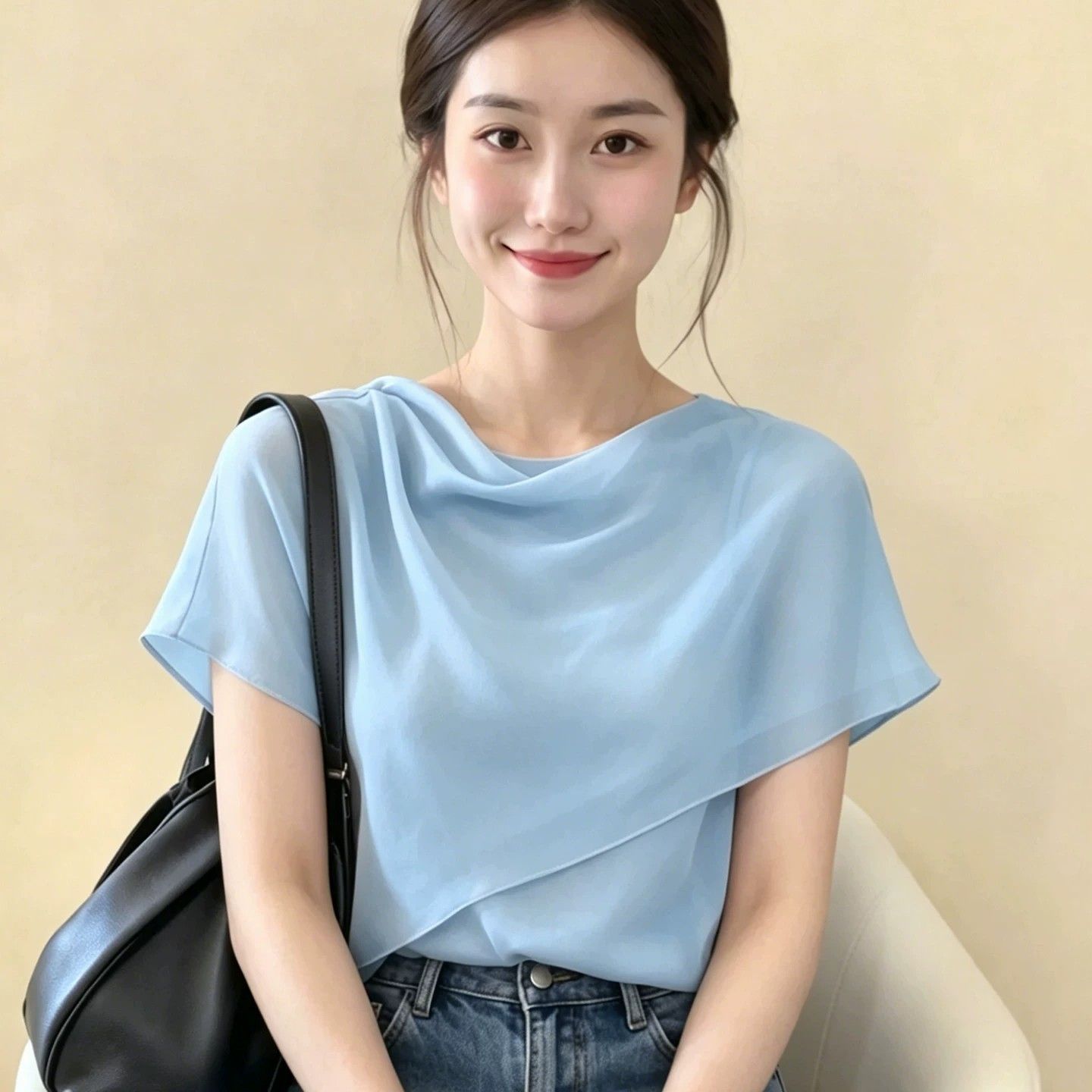 法式蓝色荡领不规则披肩短袖衬衫女夏季设计感气质小资轻熟风上衣