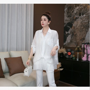 慵懒风设计感假两件白色衬衫女款2026夏季翻领拼接蕾丝七分袖上衣
