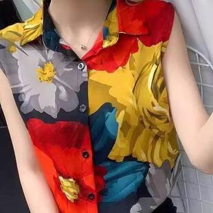 2026早春新款衬衣长袖上衣印花撞色衬衫女大码宽松遮肚子雪纺衫女