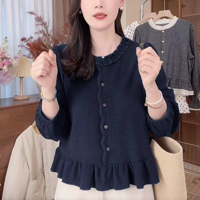 加绒加厚荷叶边时尚百搭花边长袖衬衫女木耳边纯休闲百搭色上衣女