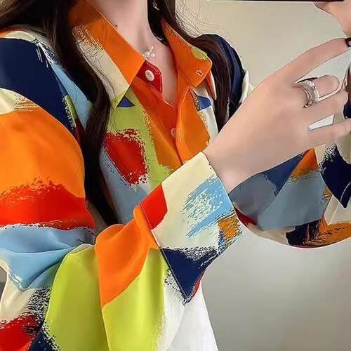 2026早春新款衬衣长袖上衣印花撞色衬衫女大码宽松遮肚子雪纺衫女