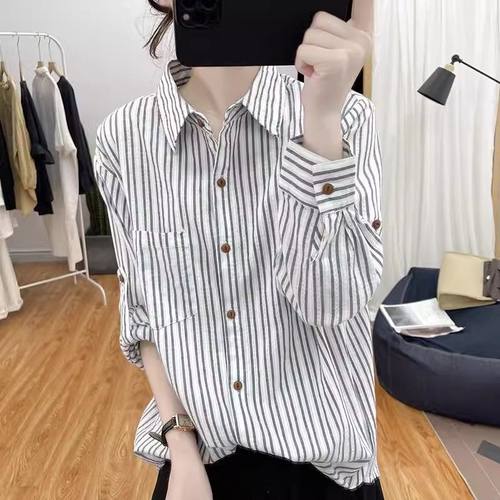 韩国纯棉提花条纹长袖衬衫女全棉秋季新款宽松上衣显瘦打底衫衬衣