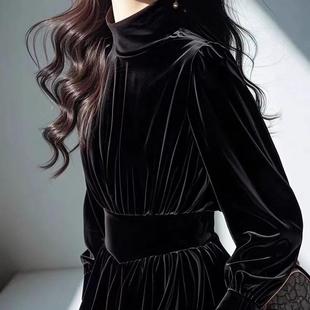 轻奢高级感丝绒衬衫女冬季半高领黑色打底衫正肩收腰灯笼长袖上衣